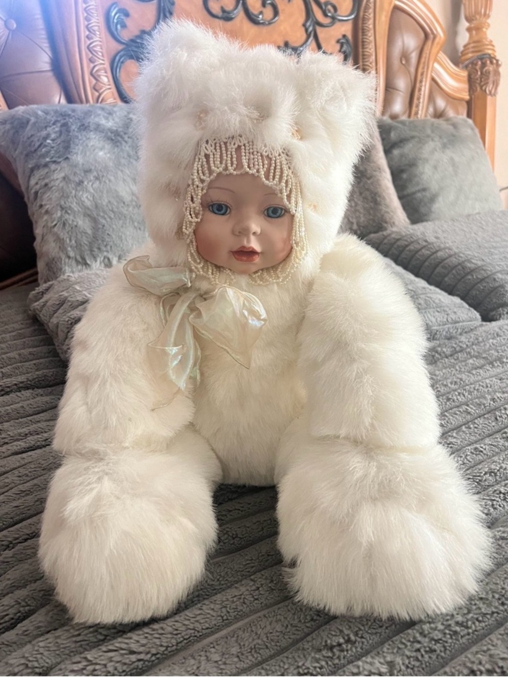Vintage Seymour Mann Doll Porcelain Face Plush Bear Body Snow Pearl White 18"